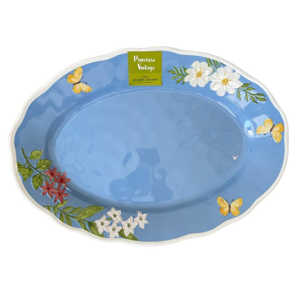 PRIMROSE VINTAGE Melamine Large 16" Serving Platter Blue Floral Butterflies NEW
